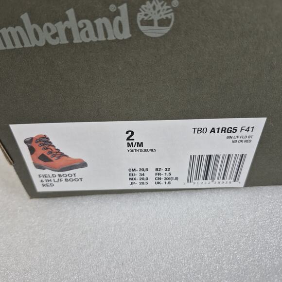 Timberland Boys Field Boots Size 2 Youth Red Black 6 Inch Nubuck Leather NWT Box - Picture 8 of 9